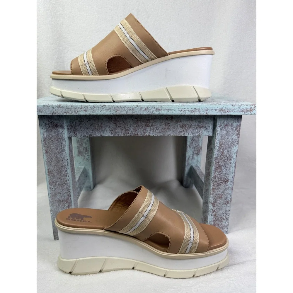 Sorel Womens Joanie III Wedge Slide Sandal Brown / Tan Leather Size 9.5‎